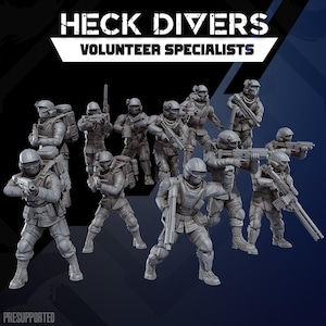 May include: A set of eleven grey miniature soldier figurines in tactical gear, including helmets, goggles, and various rifles. The text HECK DIVERS VOLUNTEER SPECIALISTS is displayed at the top, and the word PRESUPPORTED is at the bottom left.