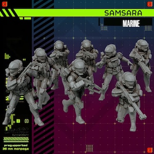May include: A set of seven grey miniature soldier figurines in tactical gear and helmets, each holding a rifle. The image features the text SAMSARA MARINE and presupported 35 mm monpose. The figures are arranged in a dynamic combat formation.