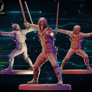 May include: Three action figures of a man in a combat suit, holding swords, and striking a fighting pose. The figures are on circular bases, with the Wardlade Studio logo in the upper left corner. The background has a blue and green digital design.