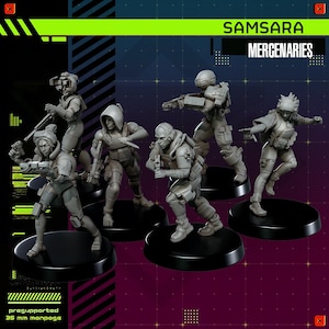 May include: A set of five grey 35 mm scale miniature figures titled SAMSARA MERCENARIES. Each figure is depicted in a dynamic combat pose, wearing tactical gear and carrying various weapons, mounted on individual black circular bases.