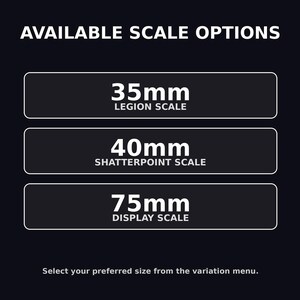 Puede incluir: Imagen que muestra opciones de escala para un producto. El texto dice "OPCIONES DE ESCALA DISPONIBLES". Tres cuadros rectangulares muestran tama&ntilde;os: 35mm Escala Legi&oacute;n, 40mm Escala Shatterpoint y 75mm Escala de Pantalla. El texto inferior dice "Selecciona tu tama&ntilde;o preferido del men&uacute; de variaci&oacute;n."
