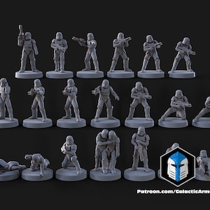 May include: A selection of grey miniature Stormtrooper figurines in different poses, each on a circular base. The figurines are holding blasters. The image includes the text "Patreon.com/GalacticArmory".