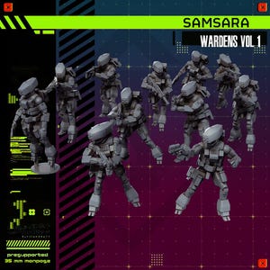 Peut inclure: Un ensemble de huit figurines de soldats gris étiquetées SAMSARA WARDENS VOL 1. Chaque figurine porte un casque, un équipement tactique et une arme. Le texte 35 mm monpose est visible. Les figurines sont disposées sur un fond violet foncé.