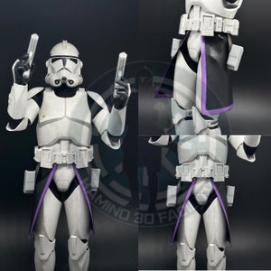 May include: A white action figure of a Star Wars clone trooper with a purple cape and a white helmet. The figure is holding two blaster pistols.