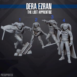Può includere: Quattro miniature in resina grigia etichettate Dera Ezran The Lost Apprentice. Ogni figura raffigura un personaggio con code sulla testa, mantello e tunica. Le figure sono mostrate in pose diverse, alcune delle quali impugnano spade.