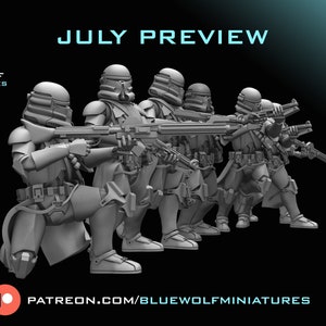 May include: A preview of five grey 3D printed miniatures of soldiers in a line, holding rifles. The miniatures are pre-supported and are available on Patreon.com/BlueWolfMiniatures. The text "JULY PREVIEW" is at the top of the image.