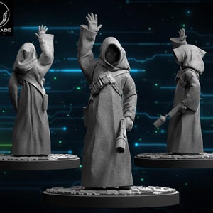 Pode incluir: Três figuras cinzentas de personagens vestidos com túnicas, com as mãos levantadas e armas. As figuras estão em plataformas circulares. O logotipo do Wardlade Studio está no canto superior esquerdo. O fundo é azul escuro com um design de circuito digital.