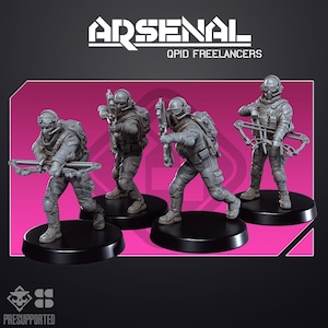 May include: Four grey miniature soldier figurines standing on black circular bases. Each figure wears tactical gear, goggles, and a headset, and holds a crossbow. The text ARSENAL QPID FREELANCERS is displayed above, and the word PRESUPPORTED is at the bottom.