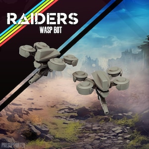 Puede incluir: Dos modelos grises de Wasp Bot se muestran contra un fondo de paisaje de fantasía. El texto "RAIDERS WASP BOT" está en la parte superior, con una franja de arcoíris. La parte inferior de la imagen tiene el texto "PRESUPPORTED".
