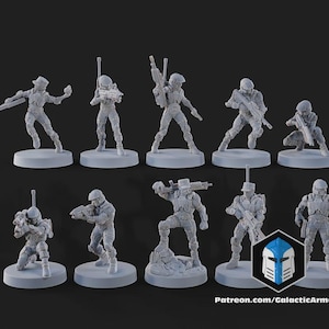 May include: A collection of ten gray miniature figurines of futuristic soldiers in various action poses. Each figure is mounted on a circular base and holds a weapon. The figures are detailed with armor and helmets, suggesting a science fiction or tabletop gaming theme.