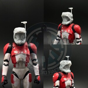 May include: A white plastic helmet with a red and white armor suit. The helmet has a small antenna on top. The armor suit has a weathered look.
