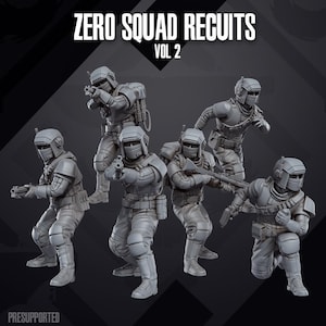 Puede incluir: Un conjunto de seis figuras de soldados en miniatura de color gris con equipo táctico, cascos y máscaras faciales, cada uno sosteniendo un arma. El texto ZERO SQUAD RECUITS VOL 2 aparece arriba y la palabra PRESUPPORTED se ve abajo a la izquierda.