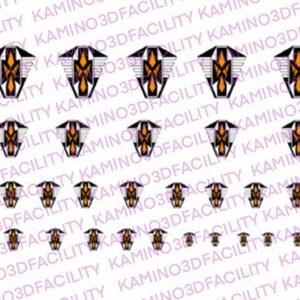 May include: A repeating pattern of black, white, orange, and purple geometric shapes. The shapes are stylized and resemble a stylized bird or animal with wings. The text "KAMINO3DFACILITY" is repeated throughout the image.