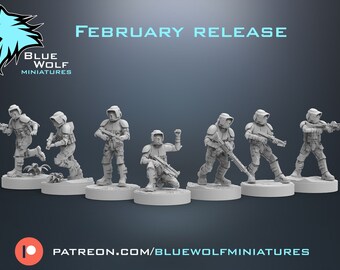 May include: Seven grey 3D printed miniature figures of soldiers wearing helmets and holding weapons. The figures are standing on circular bases. The text "FEBRUARY RELEASE" is at the top of the image. The text "BLUE WOLF MINIATURES" is in the lower left corner of the image. The text "PATREON.COM/BLUEWOLFMINIATURES" is at the bottom of the image.
