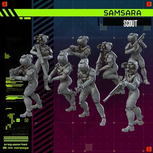 May include: A set of six gray 35 mm miniature scout figures in tactical gear, each holding a rifle. The image features the text SAMSARA and SCOUT at the top, with additional text reading presupported 35 mm monpose at the bottom left corner.