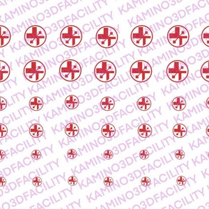 May include: A pattern of red cross symbols within circles, arranged in rows and columns on a white background. The text "Kamino3DFacility" is repeated diagonally across the image in a light purple color. The crosses vary in size.