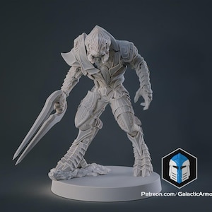 May include: A detailed, light gray 3D-printed figure of a Halo Elite, holding a double-bladed energy sword. The figure is posed in a dynamic stance, showcasing intricate armor details. The base is a simple, round platform. The Galactic Armory logo is visible.