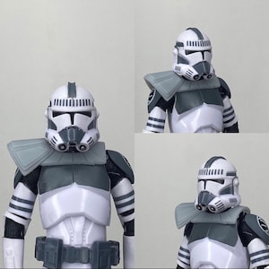 May include: Two white and grey action figures of Star Wars clone troopers. The figures are wearing helmets and armour. The figures are posed in a standing position.