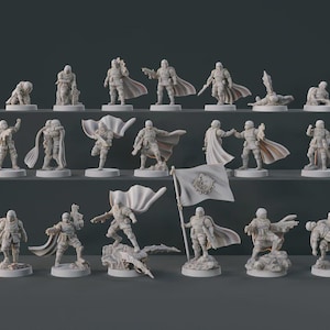 May include: A set of miniature soldier figurines in various poses, including kneeling, standing, and in action. The figures are predominantly grey, with capes and weapons. A flag bearing a crest is also present within the collection.