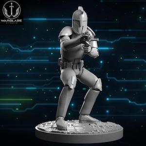 May include: A gray, detailed figurine of a soldier in futuristic armor, holding a blaster. The figure is posed in a combat stance on a circular base. The background features a blue and green digital design.