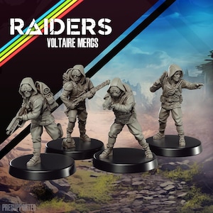May include: Four gray miniature figures of hooded characters, each on a black base, in various action poses. The figures are holding weapons and wearing goggles. The text "RAIDERS VOLTAIRE MERCS" is at the top with a rainbow design.