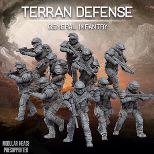 Pode incluir: Um conjunto de figuras de soldados em miniatura cinzentas rotuladas como Terran Defense General Infantry. As figuras estão em várias poses de combate, vestindo armadura tática, capacetes e carregando rifles. O texto Modular Heads Presupported é visível.