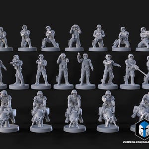 May include: A set of grey miniature figurines of soldiers in different poses. Some are standing, kneeling, or riding vehicles. The detailed miniatures are likely for a tabletop game or hobby. The figures are all grey.