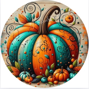 May include: A colorful, round fall-themed design featuring a large pumpkin with teal and orange stripes, adorned with decorative swirls and leaves. Smaller pumpkins in various colors and sizes are at the base, creating a festive autumn scene.