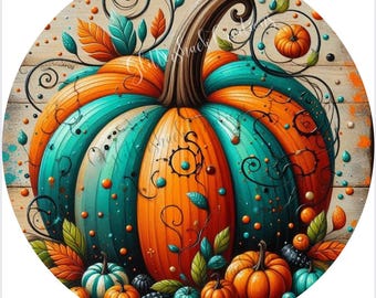 Round Whimsical teal and orange pumpkin fall wreath sign, door décor – sublimated Sign, Fall Door hanger, fall Decor, entry way sign