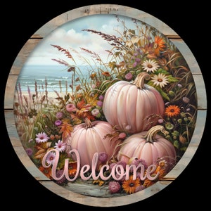 Round Fall wreath sign, Coastal Welcome sign, Fall leaves, flowers, pumpkin cluster, wooden boarder, wreath center, Metal Sign, pink pumpkin