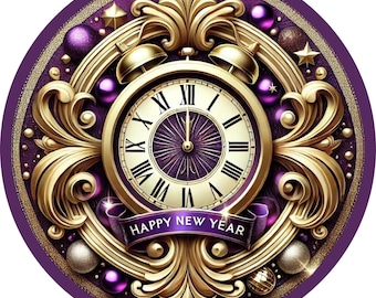 May include: A gold clock face with Roman numerals and a purple background. The clock is surrounded by ornate gold scrollwork and purple and gold ornaments. The clock face reads "Happy New Year".