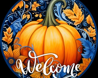 Round Fall wreath sign, Fall leaves &  pumpkin Welcome sign,  blue/orange background, wreath center, Metal Sign, orange and blue