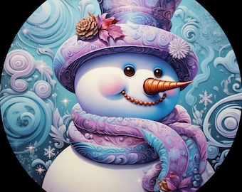 May include: A whimsical snowman with a purple and blue patterned hat and scarf, set against a swirling blue background with snowflakes.