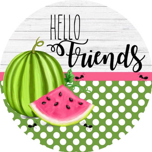 Round Watermelon Welcome sign, Watermelon Decor, door hanger, sign for wreath, summer decor, wreath center, metal sign, wreath attachment