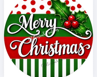Merry Christmas Sign, Traditional Christmas Wreath Sign, Red Green Polka Dot Decor, Farmhouse Holiday Door Hanger Plaque