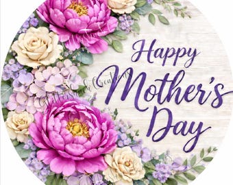 Mother’s Day Sign Round Floral Wreath Sign Happy Mothers Day Door Hanger Pink Peony Sign Spring Door Decor Gift for Mom