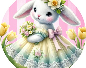 Easter Bunny Wreath Sign - Spring Floral Bunny, Round Metal Easter Decor, Girl Bunny with Flowers, Pastel Easter Wreath Sign, Spring Decor