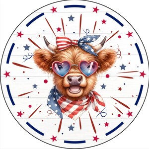 May include: A Highland cow wearing heart-shaped sunglasses and a red, white, and blue bandana. The cow is surrounded by red, white, and blue stars and fireworks on a white background.
