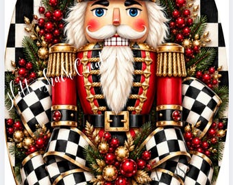 Nutcracker Wreath Sign, 7x12 Oval Christmas Sign, Black White Check Holiday Decor, Red Gold Nutcracker Wreath Center