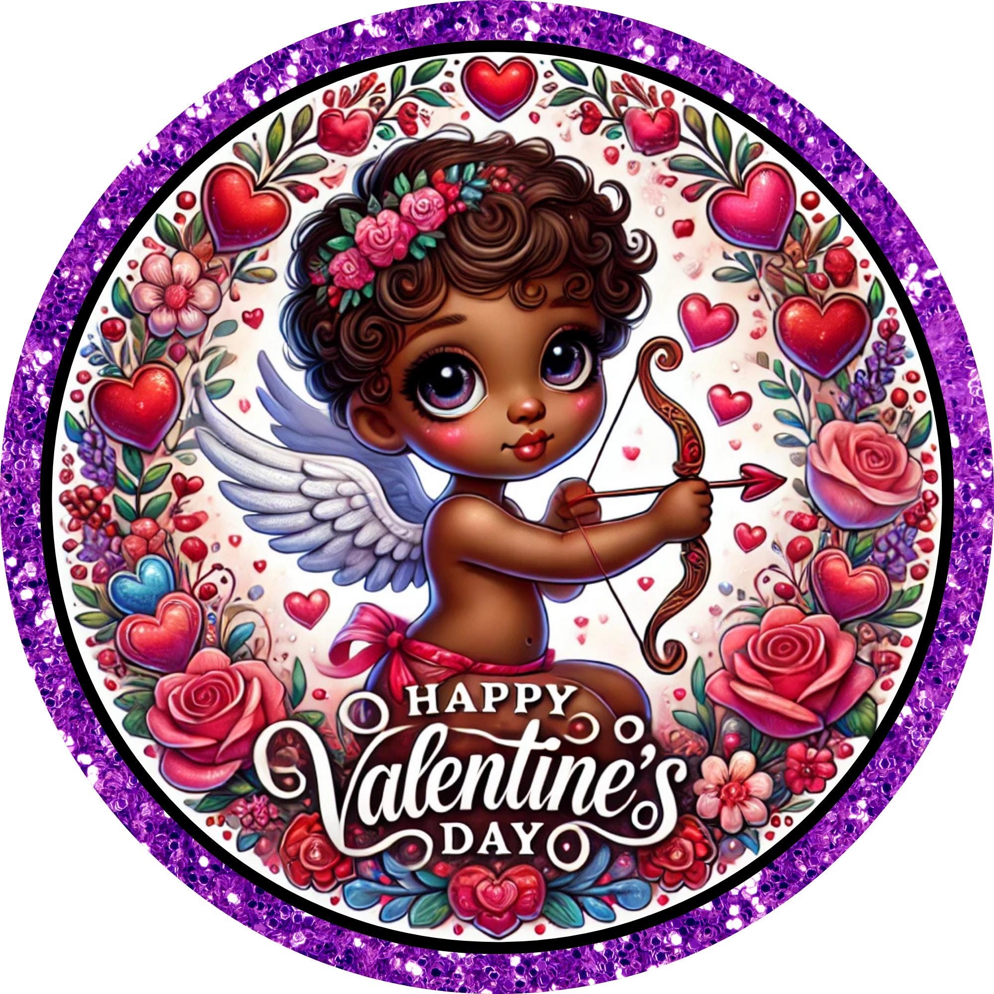 Valentine's Day Cherub Sign, African American Cupid Wreath Sign