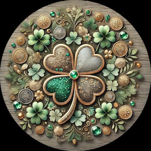 May include: A four-leaf clover made of gold and silver with a green gem in the center. The clover is surrounded by green leaves, gold coins, and green gems on a wooden background.