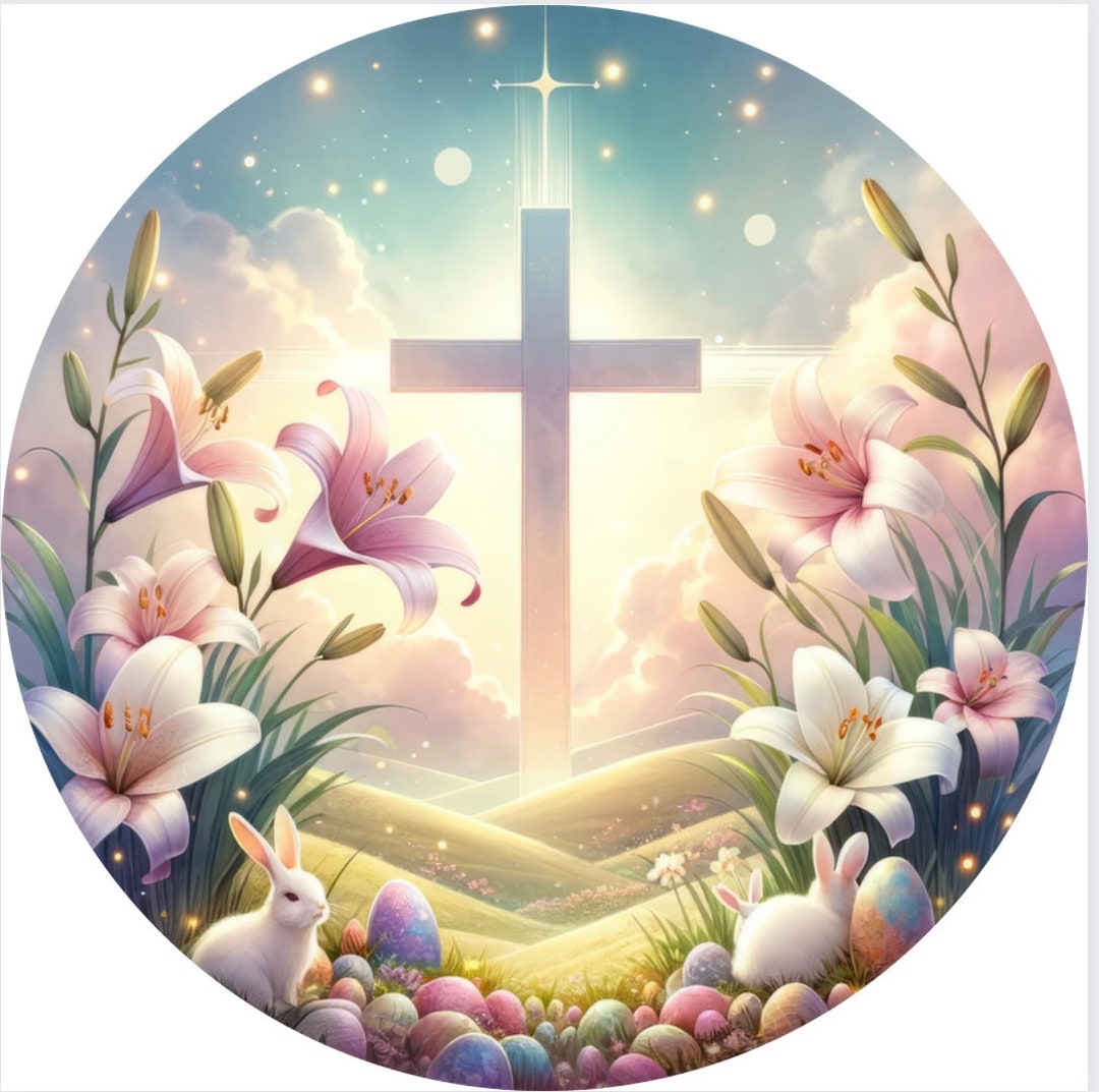 Round Easter Sign, Cross and Flowers, Wreath Center - Etsy