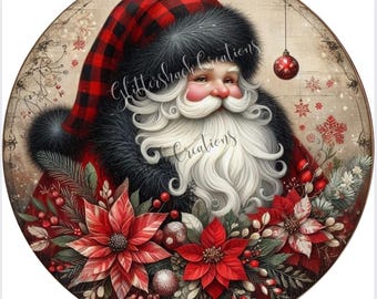 Plaid Santa Wreath Sign, Rustic Christmas Farmhouse Decor