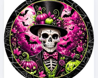 Pink Gothic Skeleton Halloween Sign, Fuchsia Skull Wreath Sign, Pink Pumpkin Door Hanger, Halloween Wreath Center, Spooky Decor