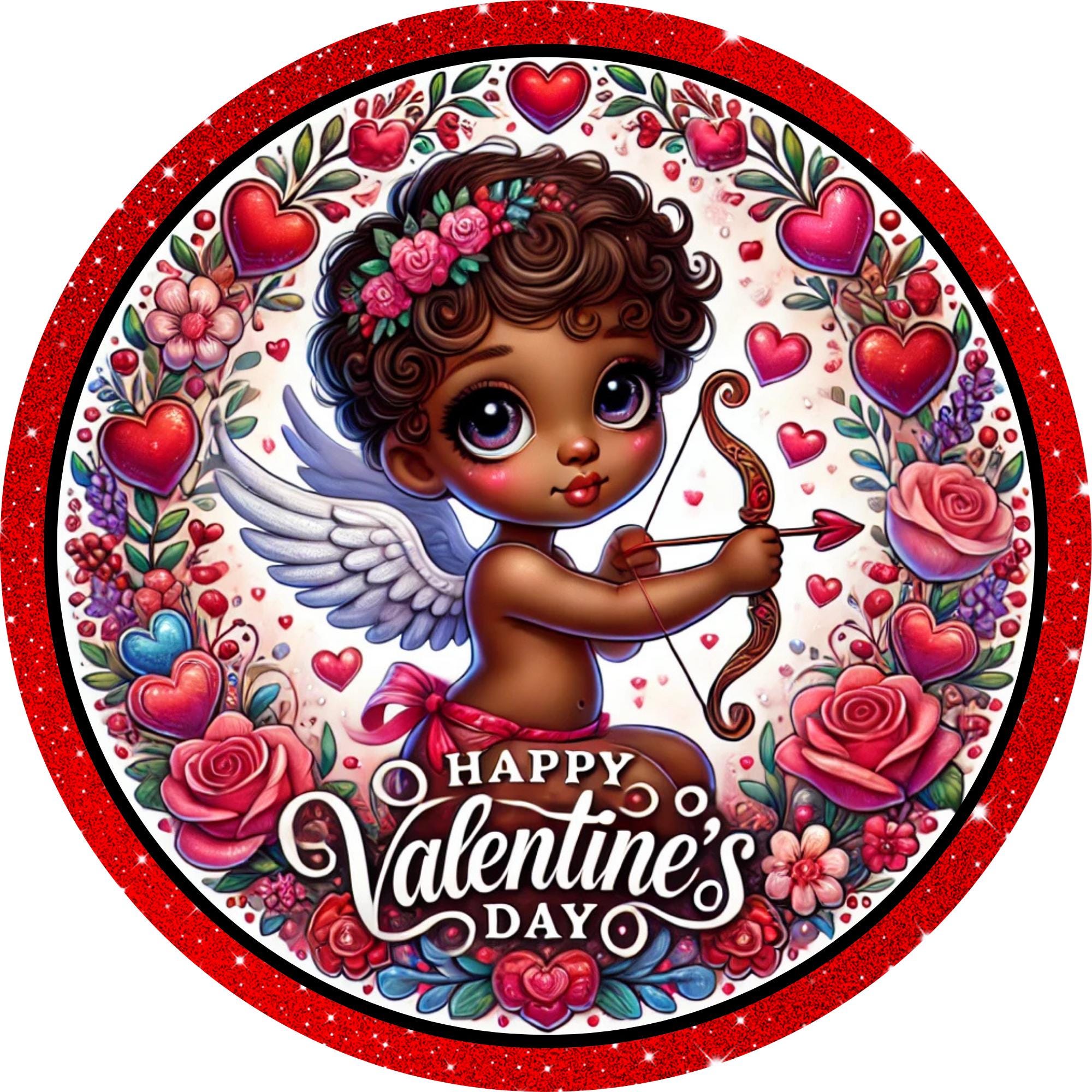 Valentine's Day Cherub Sign, African American Cupid Wreath Sign