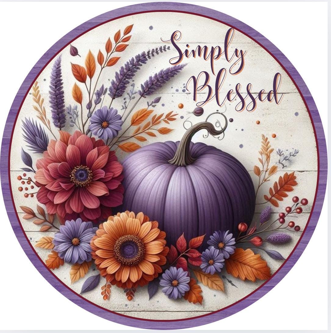 Simply Blessed Fall Wreath Sign | Purple Pumpkin Autumn Decor | Farmhouse Metal Welcome Sign | Front Door | Sublimated Circle Art Gift