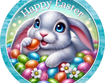 Easter Bunny Wreath Sign - Happy Easter Decor - Spring Metal Sign - Cute Bunny Sign - Pastel Easter Door Hanger - Easter Basket Decor