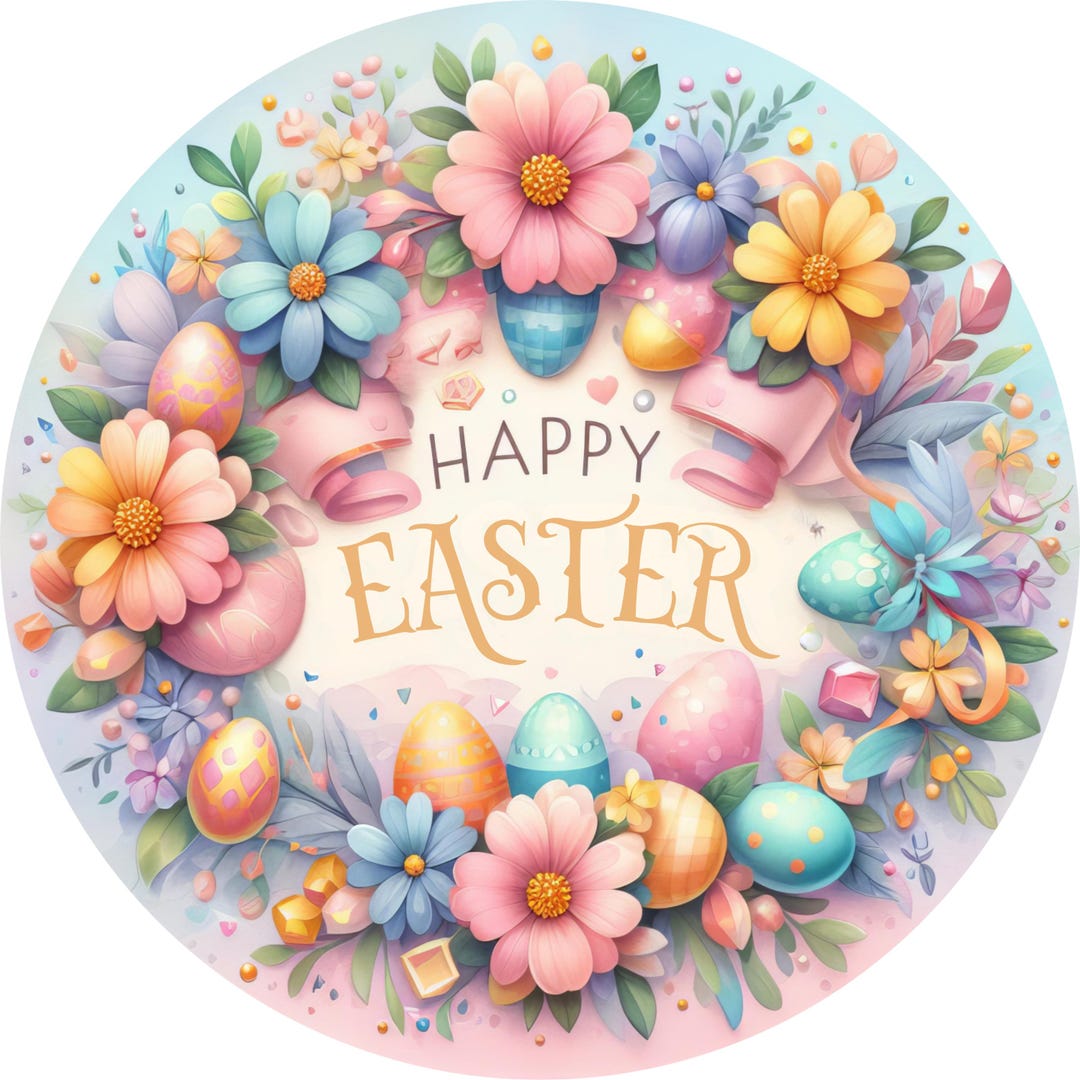 Round Happy Easter Sign, Spring Flowers, Easter Eggs, Door Hanger, Sign ...