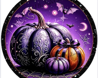 May include: A Halloween-themed illustration featuring three pumpkins in shades of purple and orange, adorned with decorative swirls and a black bow. Bats, spiderwebs, and a crescent moon are set against a purple background within a circular frame.