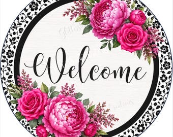 Hot Pink Welcome Sign, Peony Rose Door Hanger, Black White Floral Wreath Sign, Glam Front Door Decor, Round Metal Sign